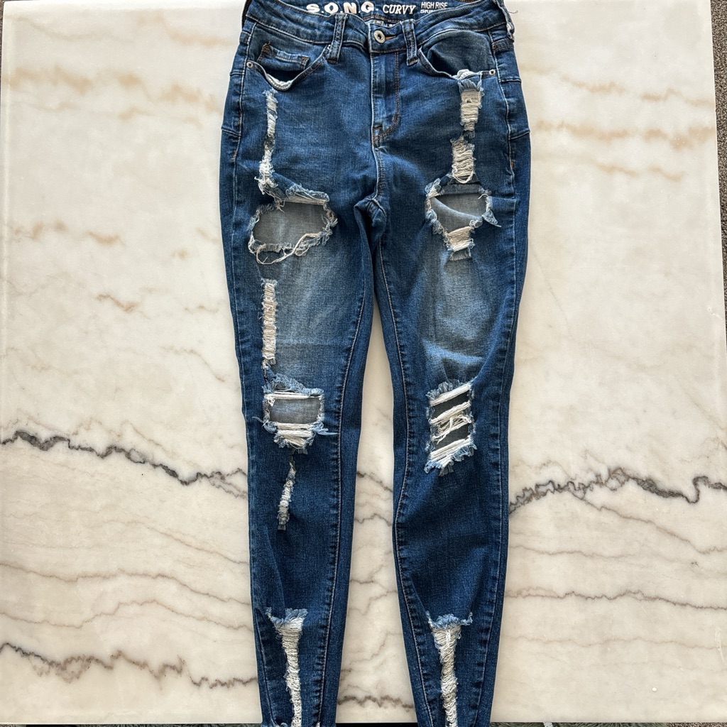 S.O.N.G. Curvy High Rise Skinny Ankle Jeans Women 7/28 Blue Distressed Denim